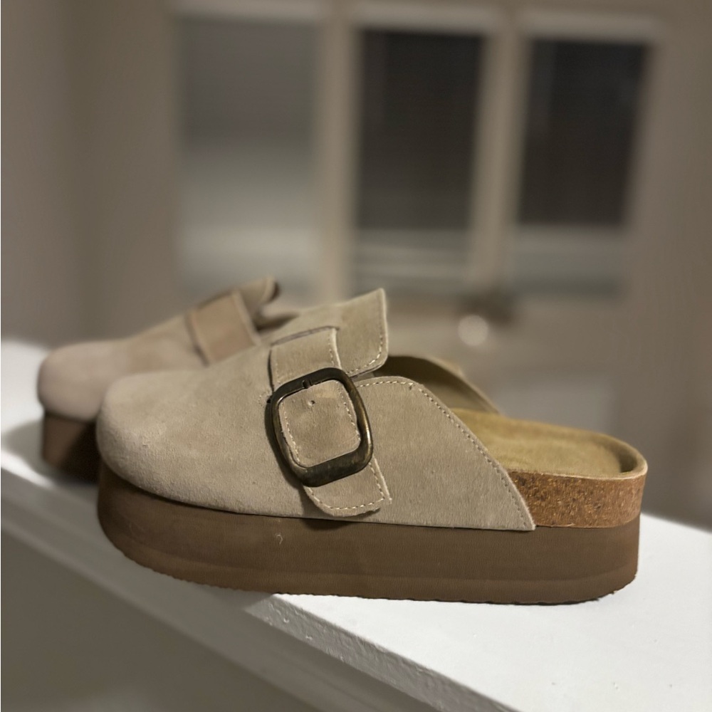 Beige Suede Platform Mules